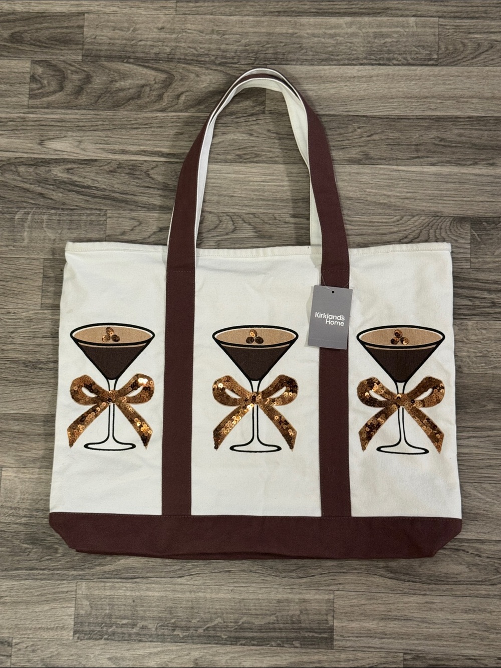 NWT Kirkland’s Home espresso martini canvas tote bag embellished with sequins